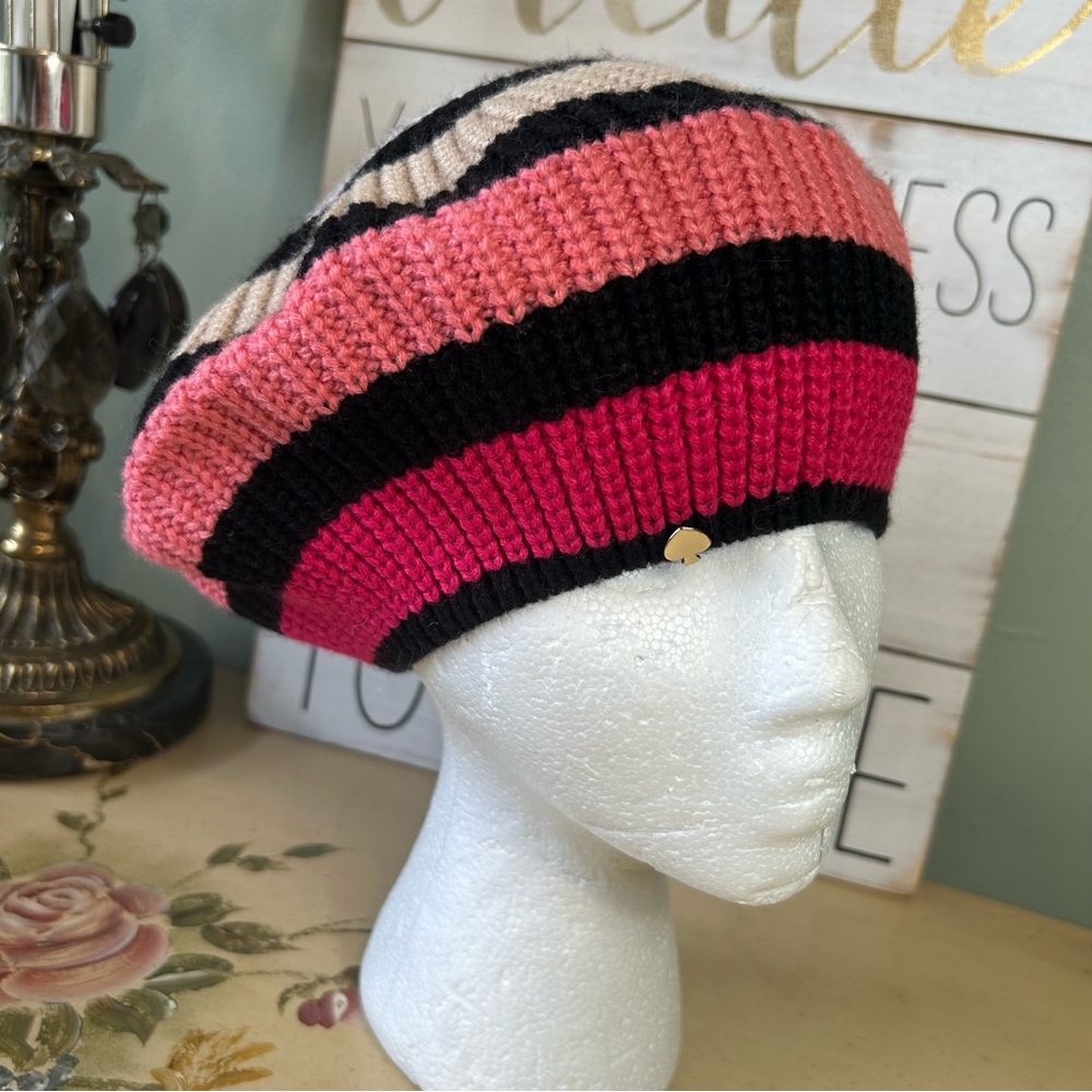 Kate Spade Pink Black Tan White Knit Beret Hat